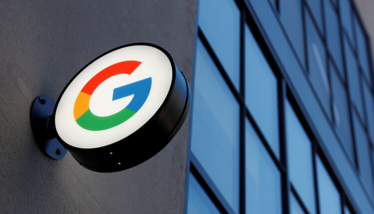 A sign is seen at the entrance to the Google retail store in the Chelsea neighborhood of New York City